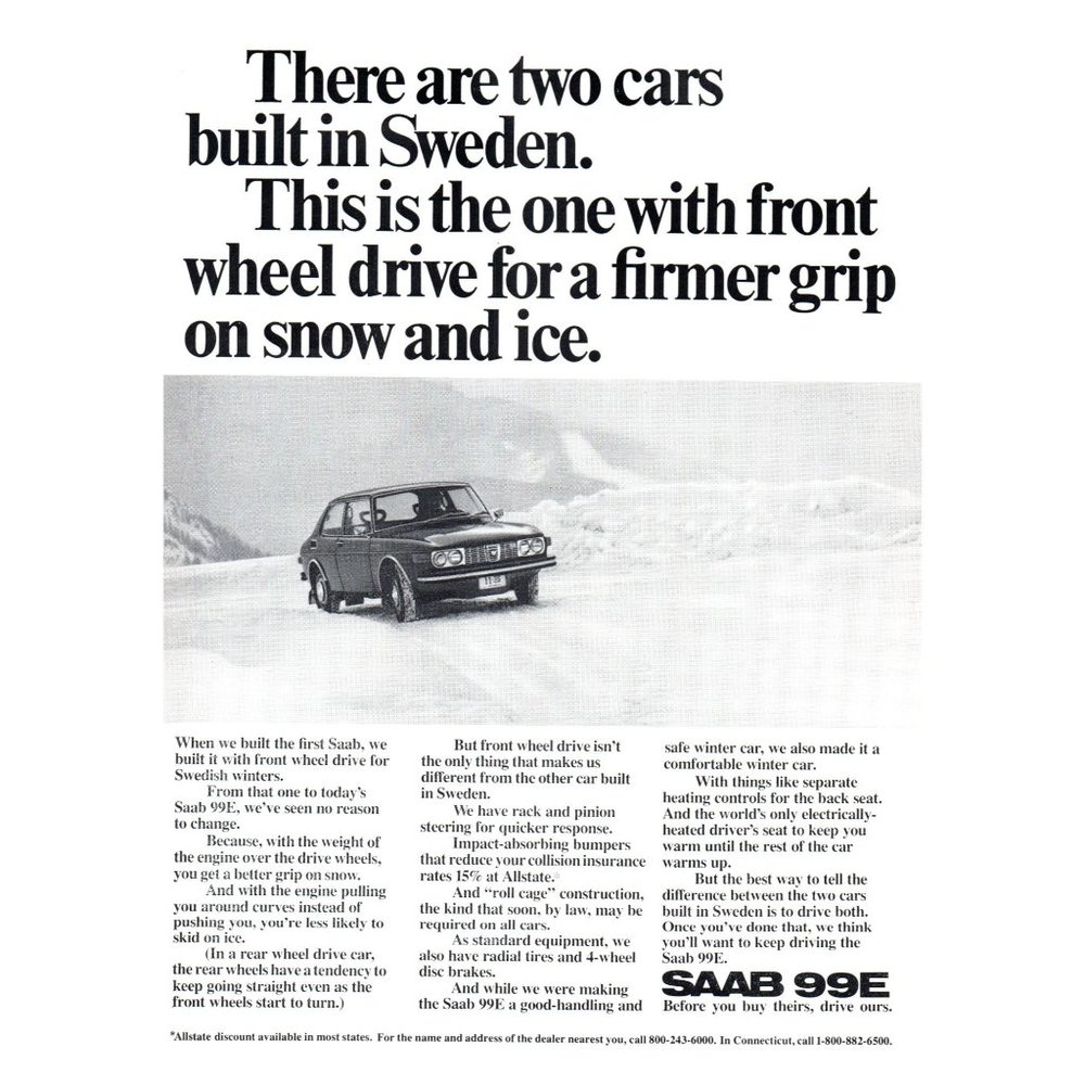 1972 Saab 99E 2 Door Sedan Vintage Print Ad Snow Ice Snowy Road Classic Car Art